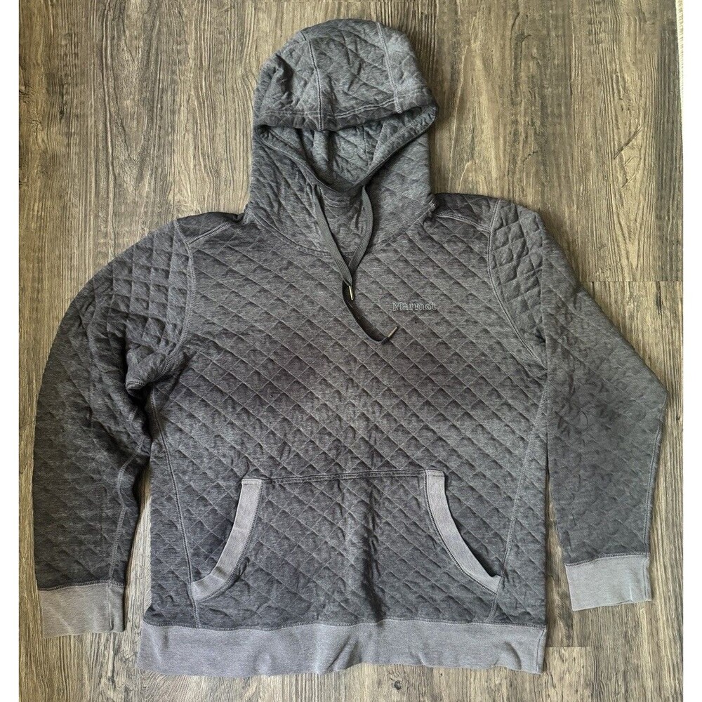 Marmot Galen Mens Hoodie Size XL Gray Diamond Quilted Pullover Sweatshirt